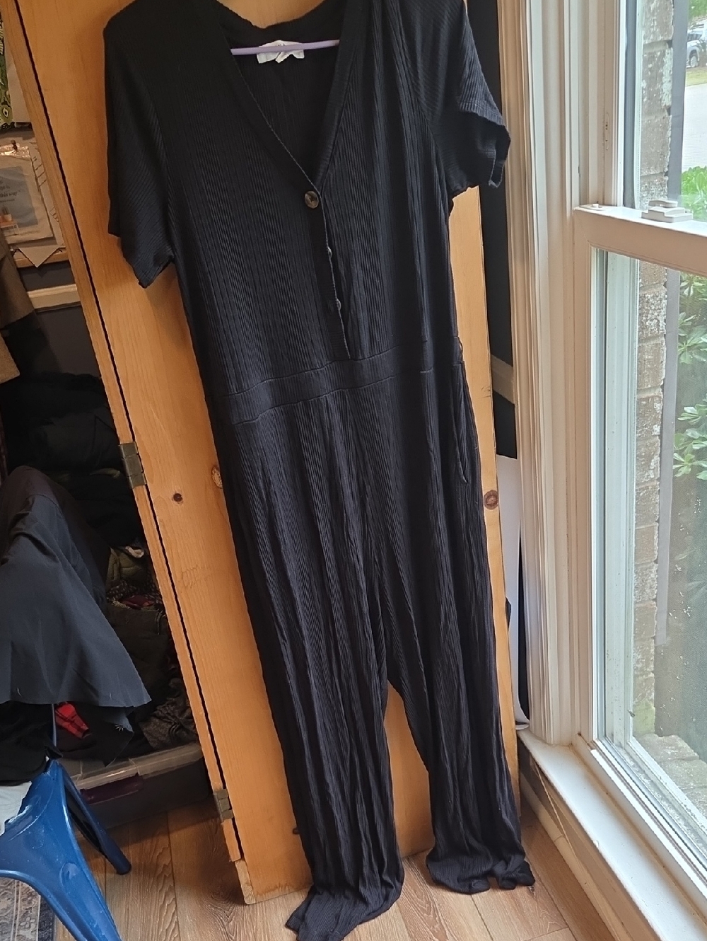 DownEast Black Ribbed Short-Sleeve Jumpsuit